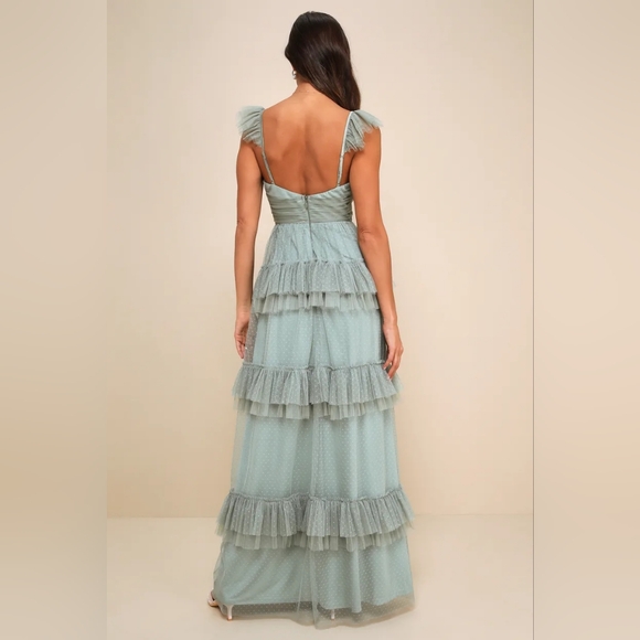NWT Pure Radiance Sage Brush Mesh Swiss Dot Tiered Maxi Dress by Lulu's - Picture 3 of 4